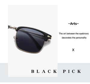 Close-up of black polarized lenses and golden half-frame metal detail on retro sunglasses