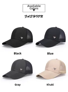 Detail view of mesh baseball caps in black, blue, grey, and khaki with metal logo