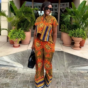 Women's 2-piece African print set with V-neck top and high waist wide leg pants