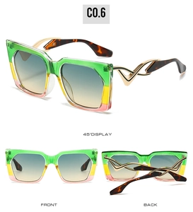 Detailed views of cat-eye sunglasses with gradient frames and hollow gold metal temples