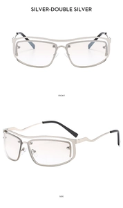 Front and side views of Y2K silver double-frame sunglasses with wavy metal temples