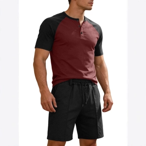 Men's two-piece waffle knit tracksuit with color-block raglan Henley top and shorts
