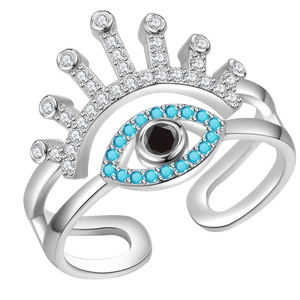 Double-layered evil eye crown open ring in silver finish with blue and black zircon stones
