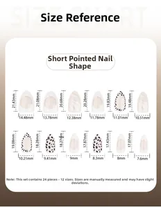 Detailed size chart for almond press-on nails showing 12 sizes with precise measurements