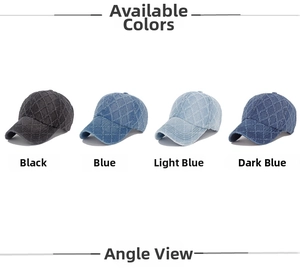Détails de casquettes en denim délavé avec surpiqûres en losanges en quatre coloris variés