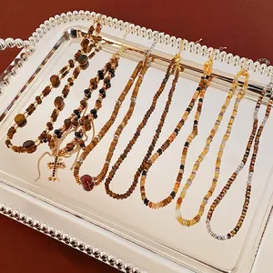 Tiger Eye Stone Beaded Necklace Vintage Alloy Round Pendant Retro Maillard Style Jewelry For Women