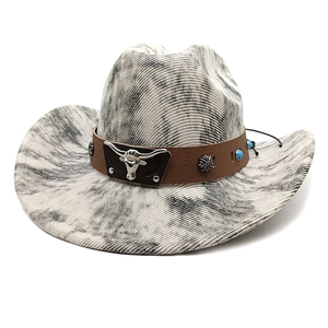 Classic cattleman cowboy hat with tie-dye marble texture and metallic bull head detail