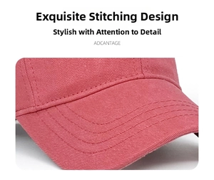 Detail of precise parallel stitching on pink washed cotton canvas baseball cap visor