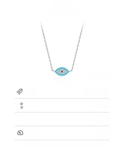 Macro detail of S925 sterling silver evil eye pendant showing size and material specs
