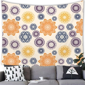 Detailed mandala tapestry hanging on a living room wall with bohemian geometric patterns