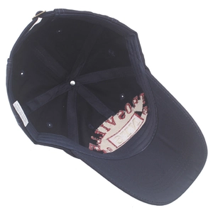 Detailed view of navy blue cotton baseball cap interior with adjustable metal buckle