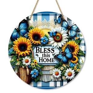 Round wooden door sign with sunflower and butterfly design featuring Bless this Home text