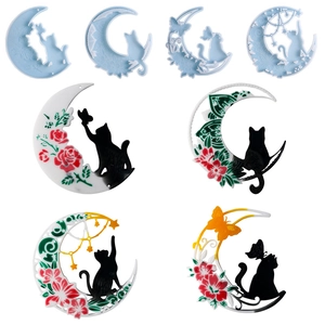 DIY silicone molds for moon and cat resin pendants with floral silhouette designs