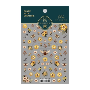Self-adhesive 5D embossed nail stickers featuring yellow flowers and bee embroidery designs