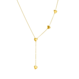 Minimalist gold-plated stainless steel Y-necklace featuring four polished heart charms