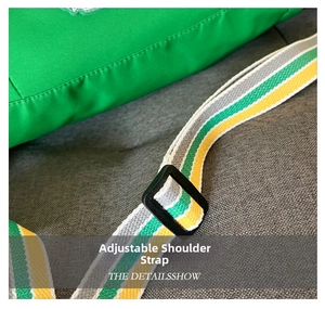 Detail of adjustable colorful striped shoulder strap on green nylon sports bag
