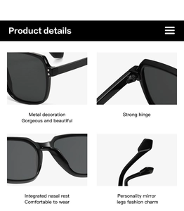 Detailing strong hinges and integrated nose pads on large black frame sunglasses