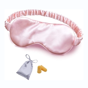 Pink faux silk sleep mask set with elastic strap, gray storage bag, and orange earplugs