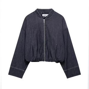 Dark blue cropped bomber jacket in denim style with zipper and elastic hem on white background