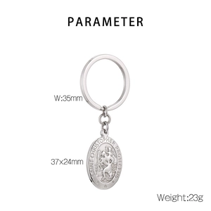 Detailed size parameters of silver Saint Christopher cross keychain with 35mm ring