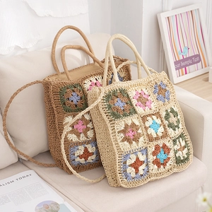 Handmade Crochet Straw Tote Bag Granny Square Floral Patchwork Bohemian Beach Shoulder Bag Zipper Closure For Women