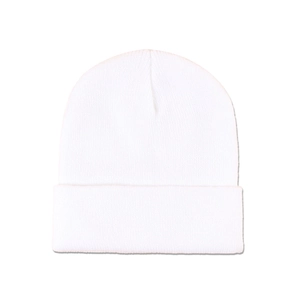 Detail of soft white knitted beanie with thick ribbed texture and classic folded cuff style