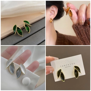 Leaf Stud Earrings Alloy Enamel Gold Border Nature Style Elegant Fashion Accessories For Women