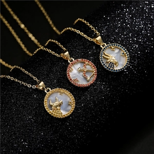 Gold-plated zodiac necklaces with colorful cubic zirconia and white mother of pearl