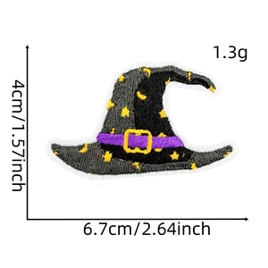 Detailed size chart of a black witch hat embroidery patch with dimensions in inches and cm