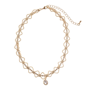 Collier ras du cou doré avec design dentelle et pendentif en cristal ovale chic