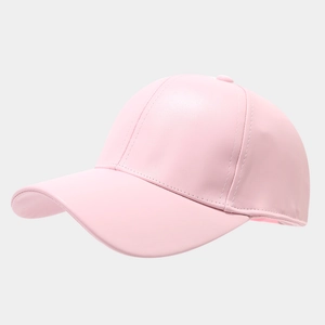Close-up of pink PU leather baseball cap showing high-quality stitching and texture