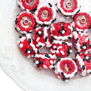 Handmade large hole glass beads in red, white and black for DIY jewelry making