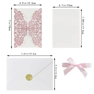 Pink laser cut wedding invitation set with dimensions for cover, inner sheet, and envelope