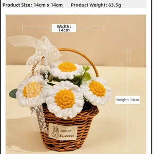 Detail of handmade crochet daisy basket with lace bow and pearl handle ornament