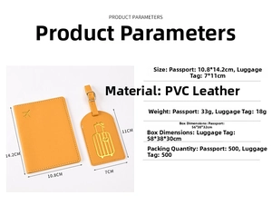 Detailed size and material specs for yellow PU leather passport holder and luggage tag set
