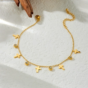 Polished gold plated anklet with cross charms and clear rhinestone round pendants