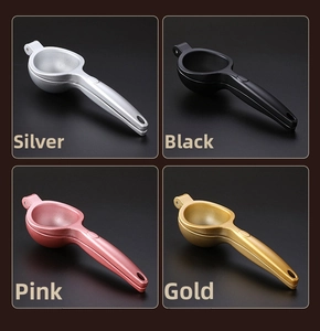 Detail view of manual zinc alloy lemon squeezers in silver, black, pink, and gold finishes