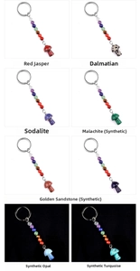 Macro display of 8 colorful crystal mushroom keychains featuring 7-chakra healing beads