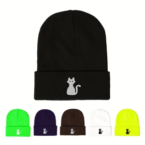 Bonnet En Tricot Avec Broderie Chat Chaud Hiver En Acrylique Bonnet À Revers Pour Mode Décontractée Extérieur