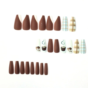 Coffin press-on nails set with brown matte coffee bean, plaid, and cup illustrations
