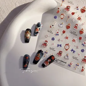 Detailed 5D Alice in Wonderland nail stickers featuring clock and heart embossed designs