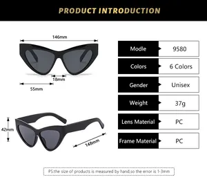 Detailed size chart for retro cat-eye sunglasses with precise frame measurements