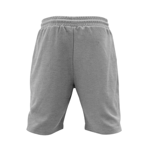Macro shot of men's gray waffle texture casual shorts with elastic waistband detail