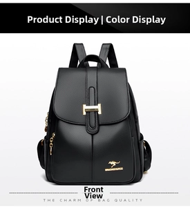 Detailed view of black lychee grain leather backpack with golden H buckle and logo