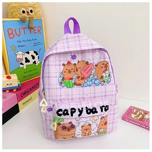Close-up of purple plaid backpack with cute Capybara cartoon patterns and zipper detail