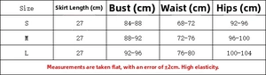 Size guide for sequined printed mini skirt showing S to L measurements and dimensions