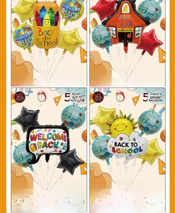 Back to school foil balloon set details showing cute shapes like crayons and schoolhouse.