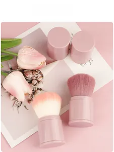 Detail of retractable makeup brushes with pink-purple matte handles and soft synthetic bristles