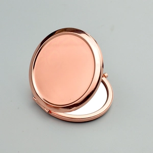 Portable rose gold round metal makeup mirror with folding double-sided mirrors