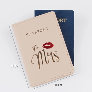 Beige PU leather passport cover with The Mrs and red lips design, 14cm x 10cm size